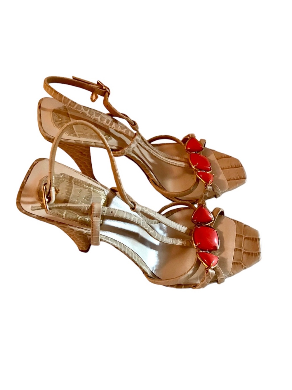 Dior Tan Croc-Embossed Slingback Heels with Red Gem Accents